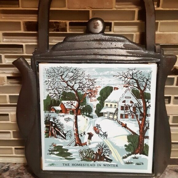 VTG SEVEN 7 STAR Cast Iron Tile Trivet “The Old Homestead in Winter" tea pot - Picture 2 of 7